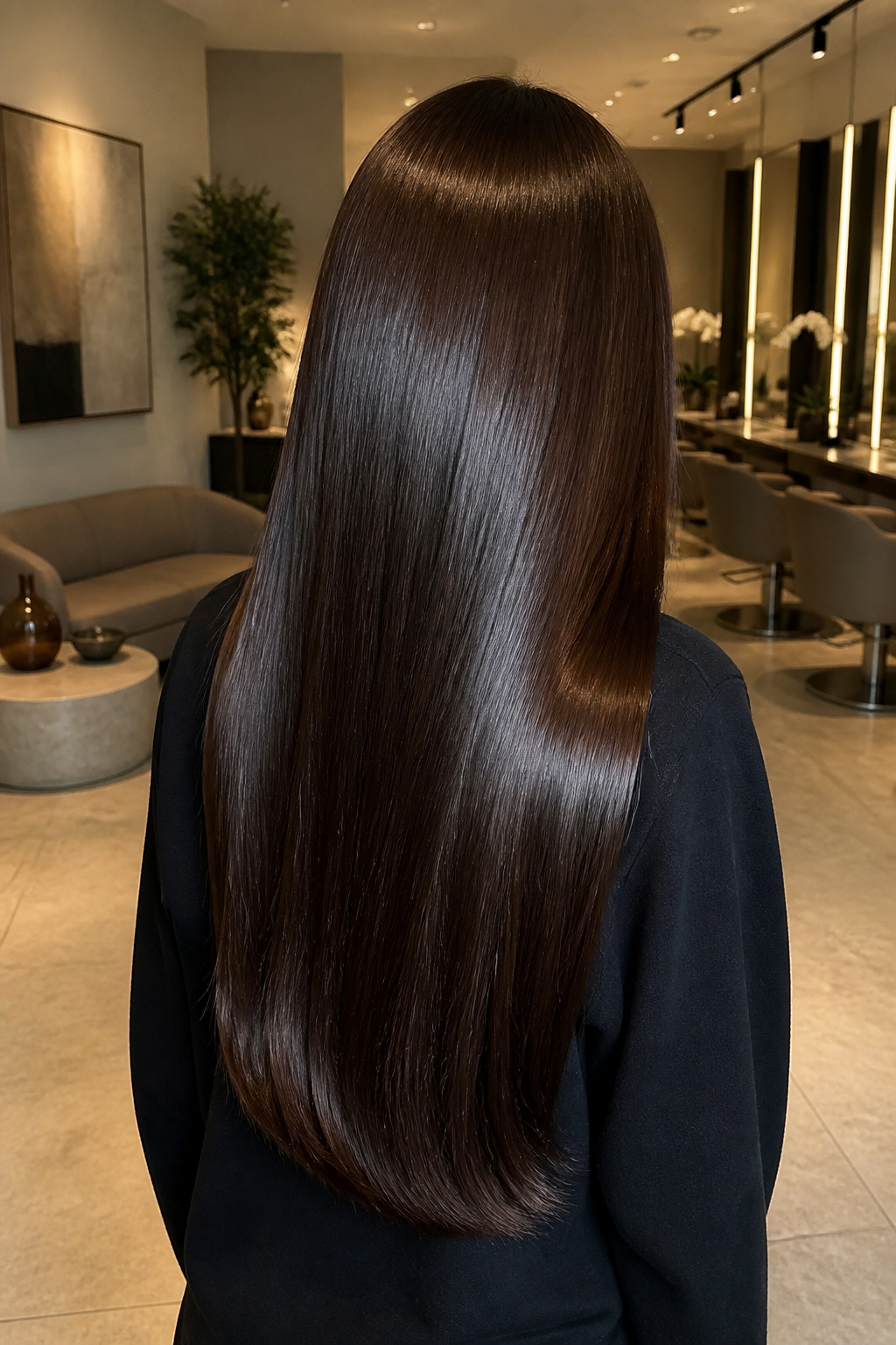 Long, straight espresso gloss hair with a shiny finish.
