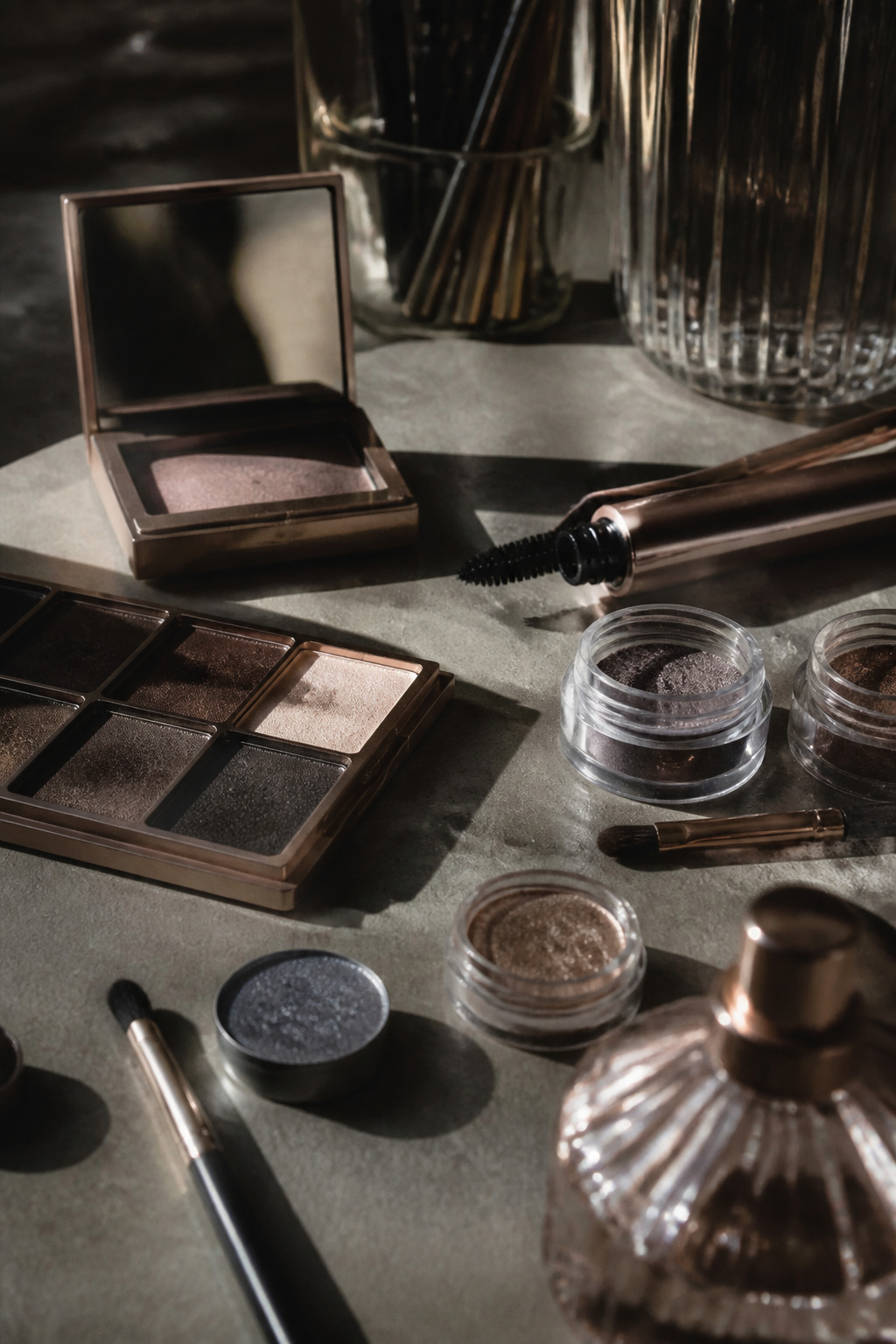 Still life of makeup products symbolizing Cassie's character development.