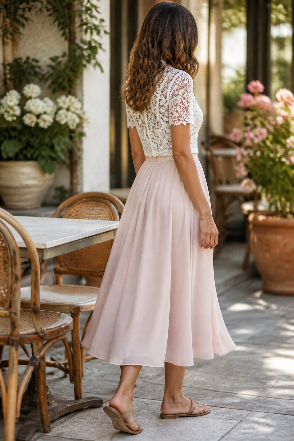 An A-line skirt paired with a lace blouse in a café setting.