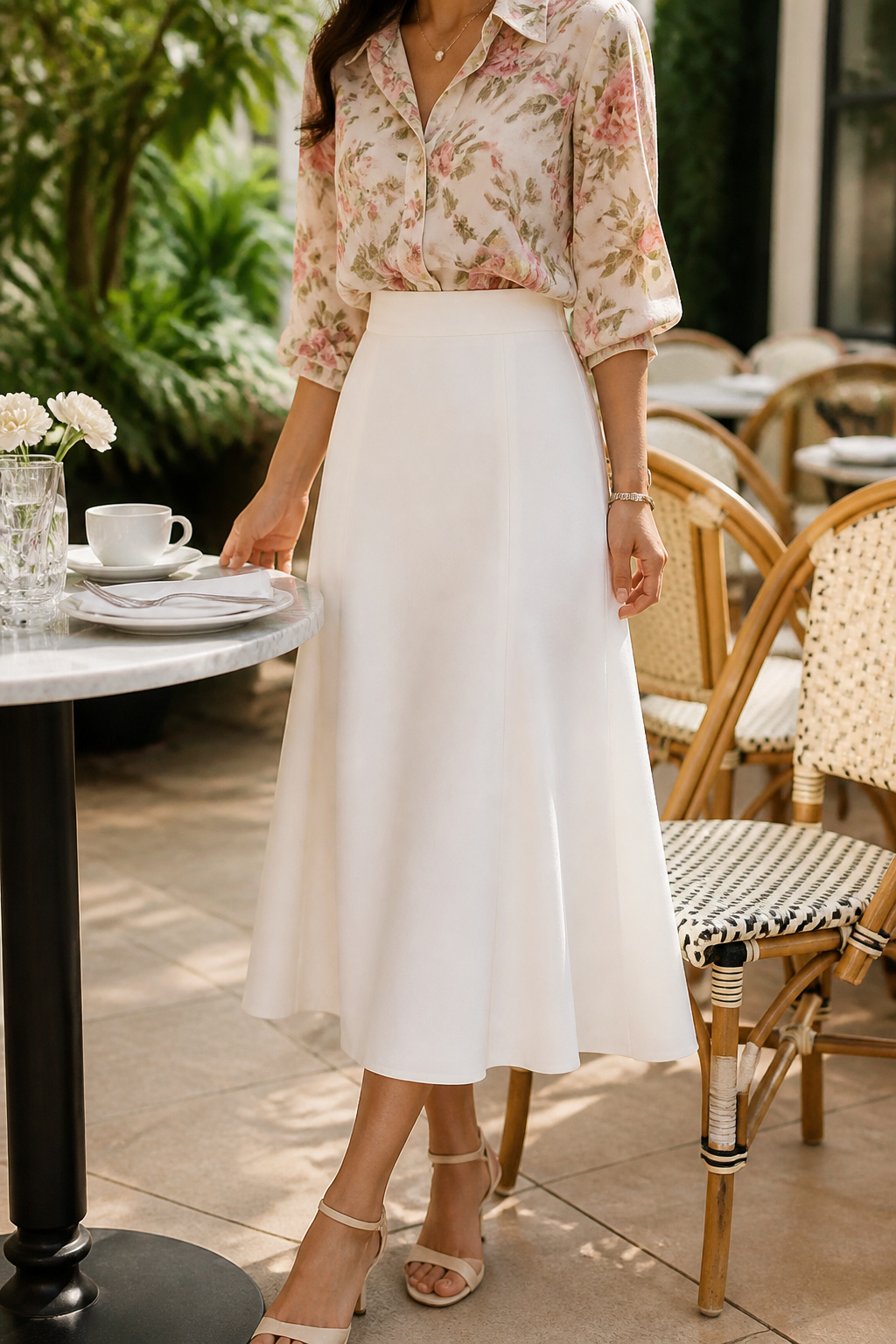 A white skirt and floral blouse outfit shown in a bright setting.