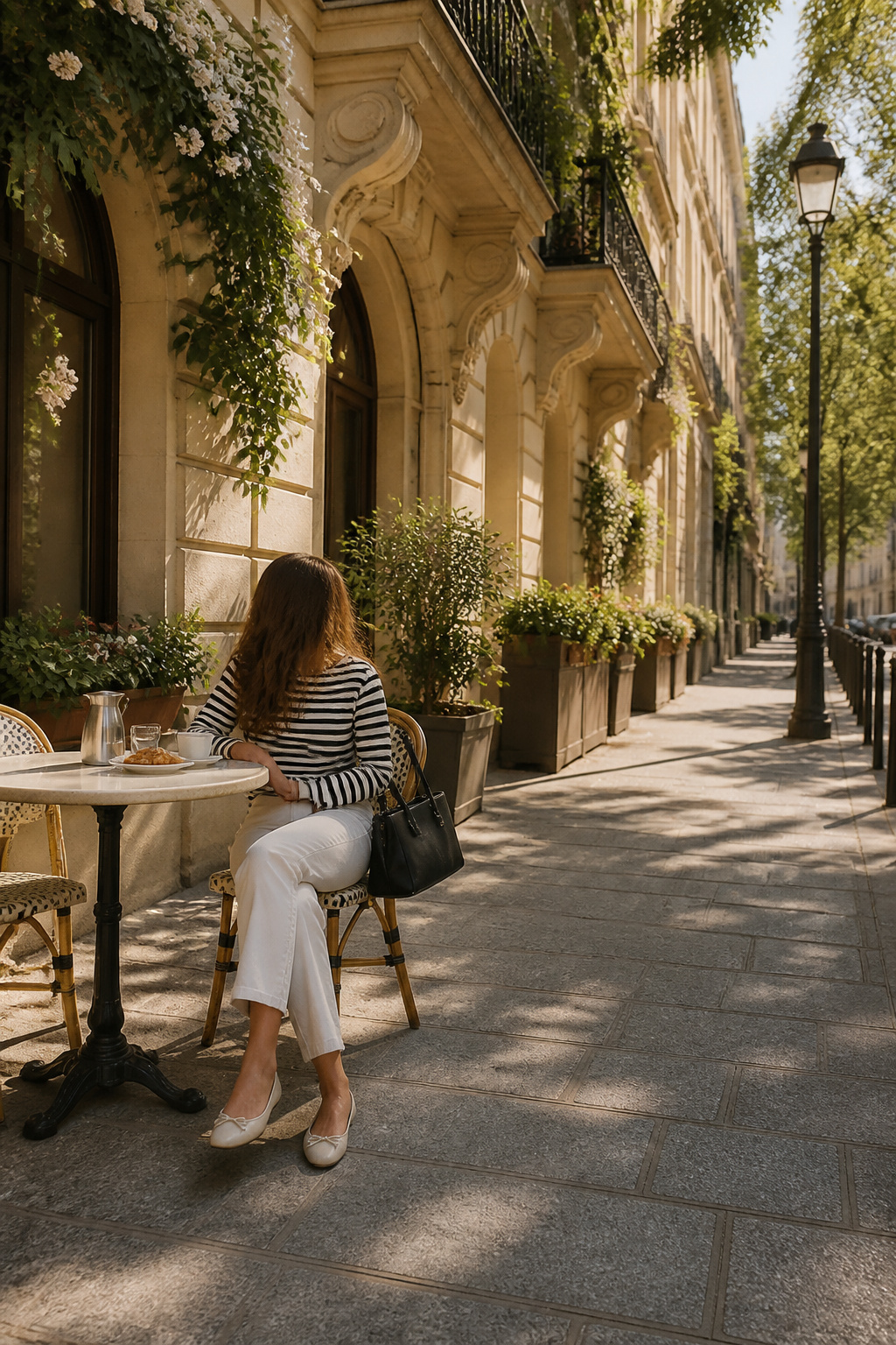A stylish Parisian café outfit featuring stripes and denim.