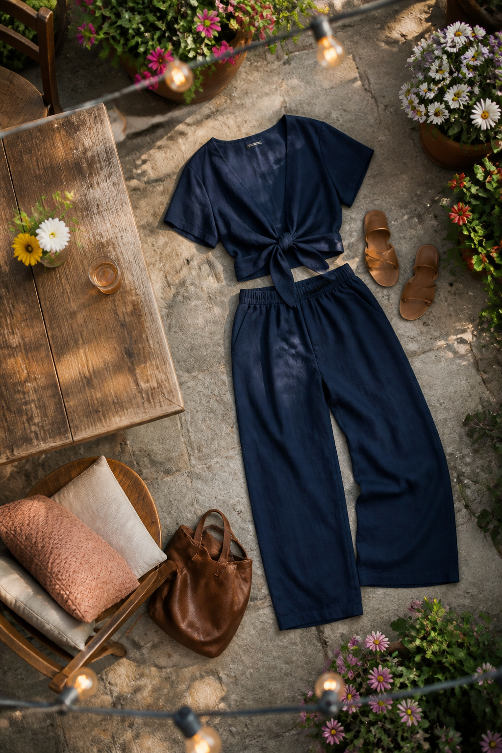 A coordinated linen top and bottom set in a soft color.