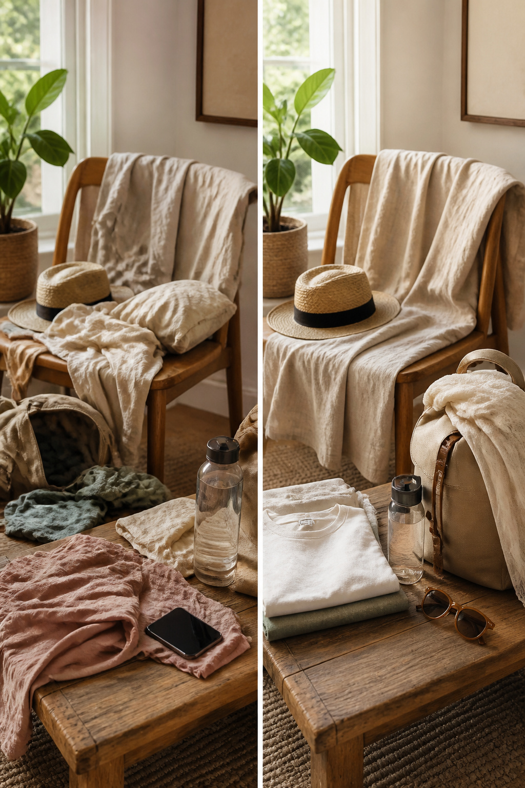 A display of lightweight summer fabrics including linen and cheesecloth.