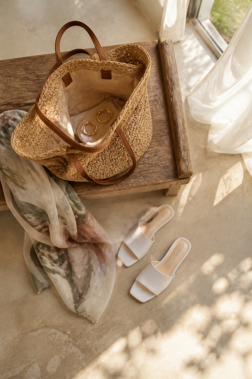 A woven straw bag placed next to summer accessories.