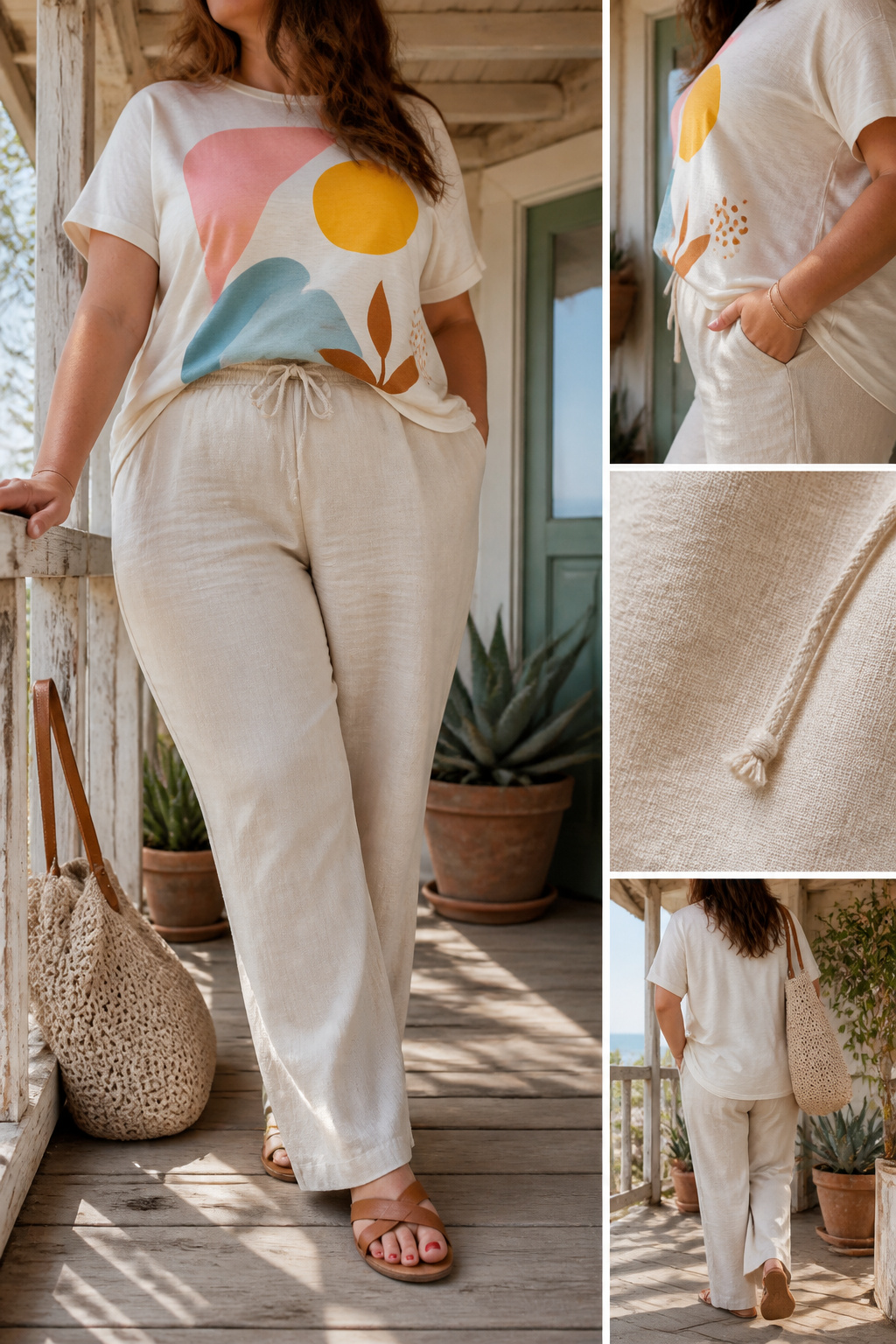 A graphic tee worn with relaxed linen pants in a casual summer look.