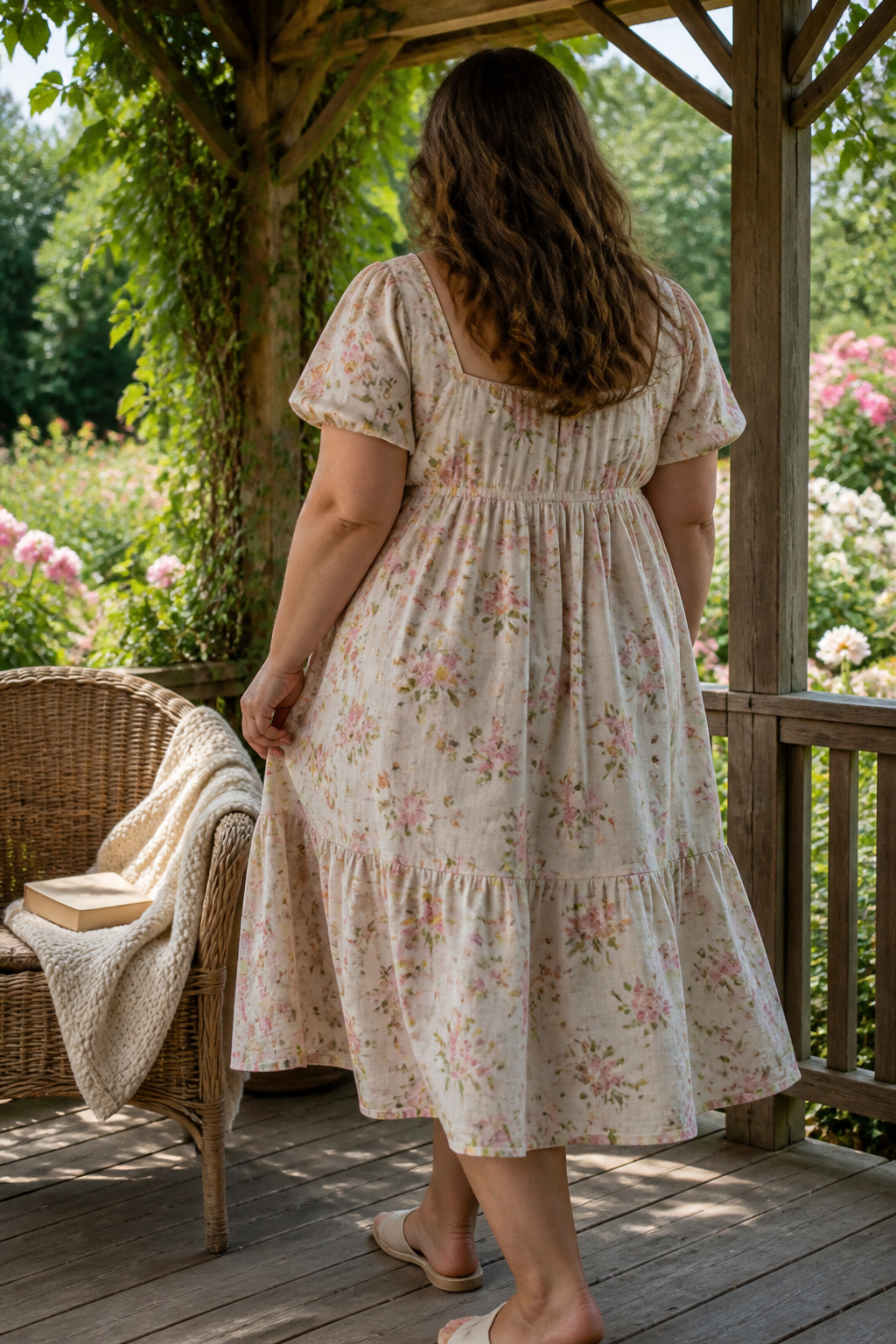 A floral smock dress with a gathered bodice and flowing skirt.