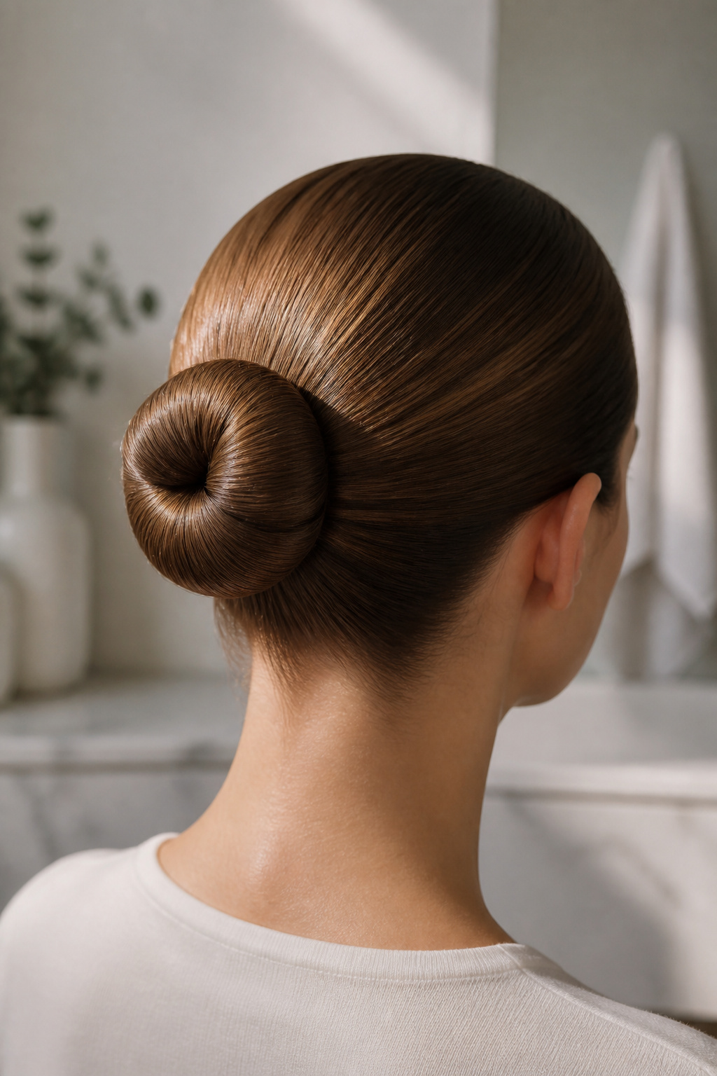 A polished ballerina bun styled high on the head.