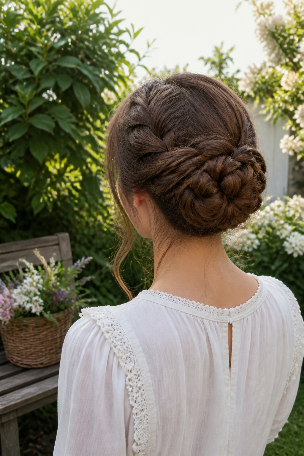 A braided bun styled in a circular shape at the back.