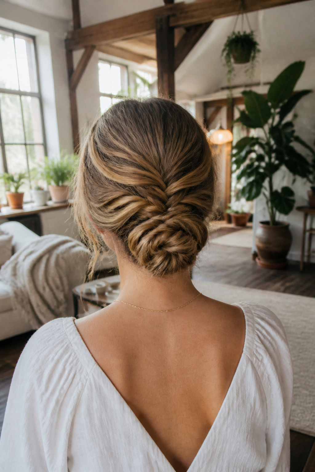 A low fishtail braided bun showcasing intricate braiding.