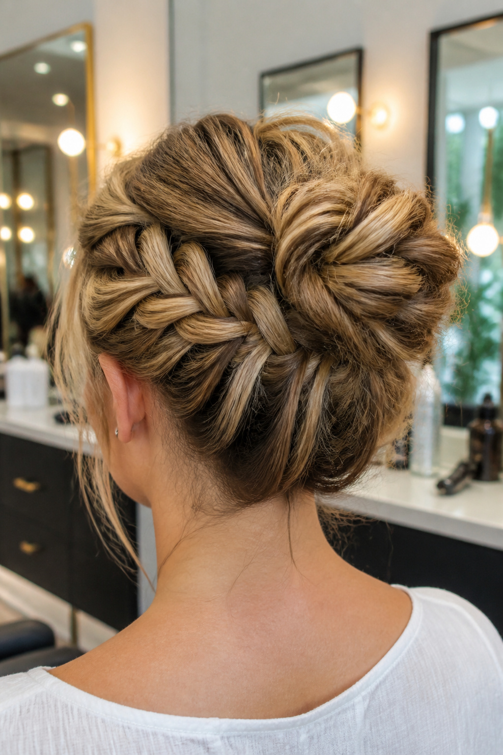 A high bun with loose waterfall braids cascading to the side.