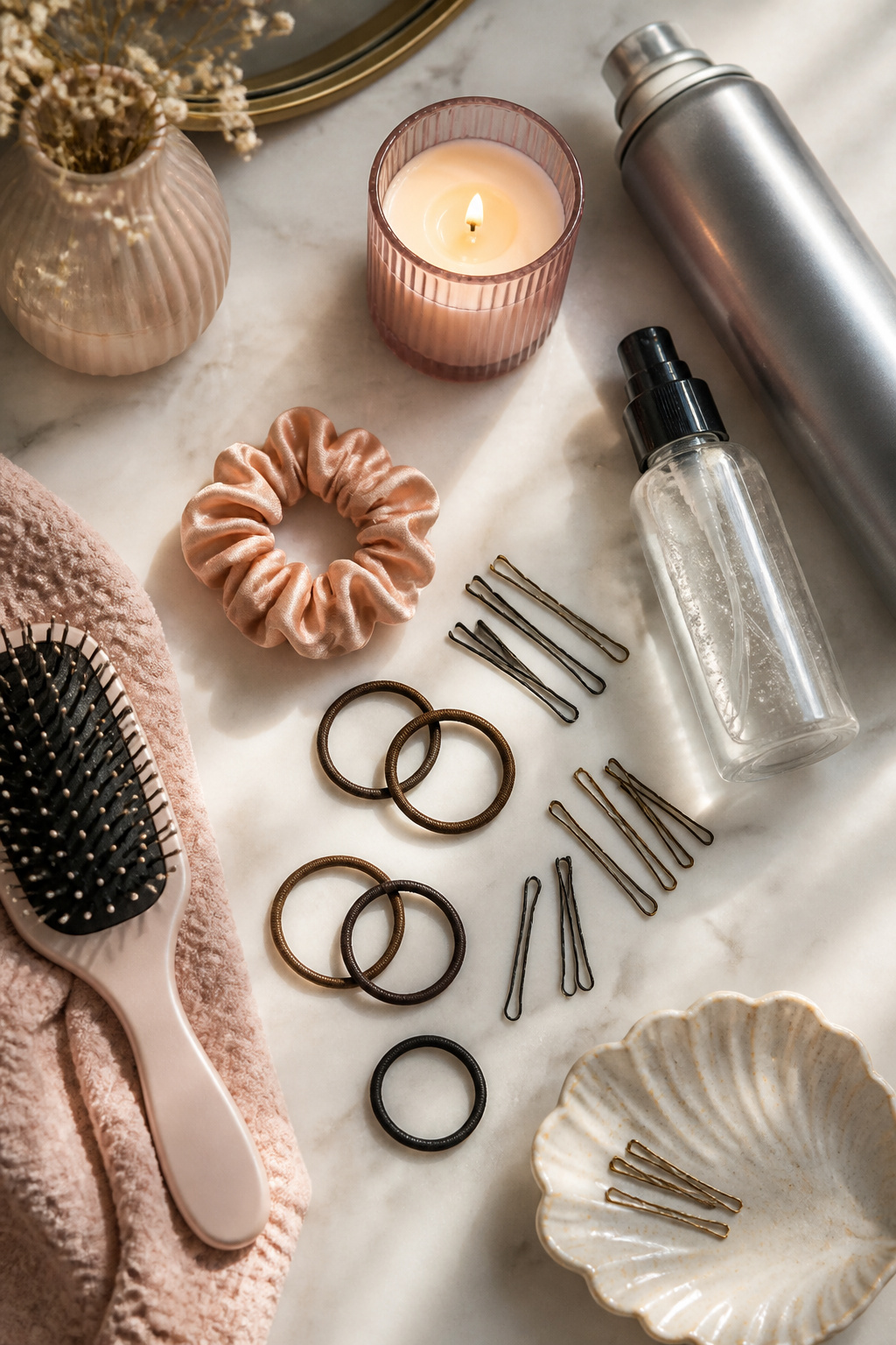 Bobby pins and hair ties displayed for hair styling.