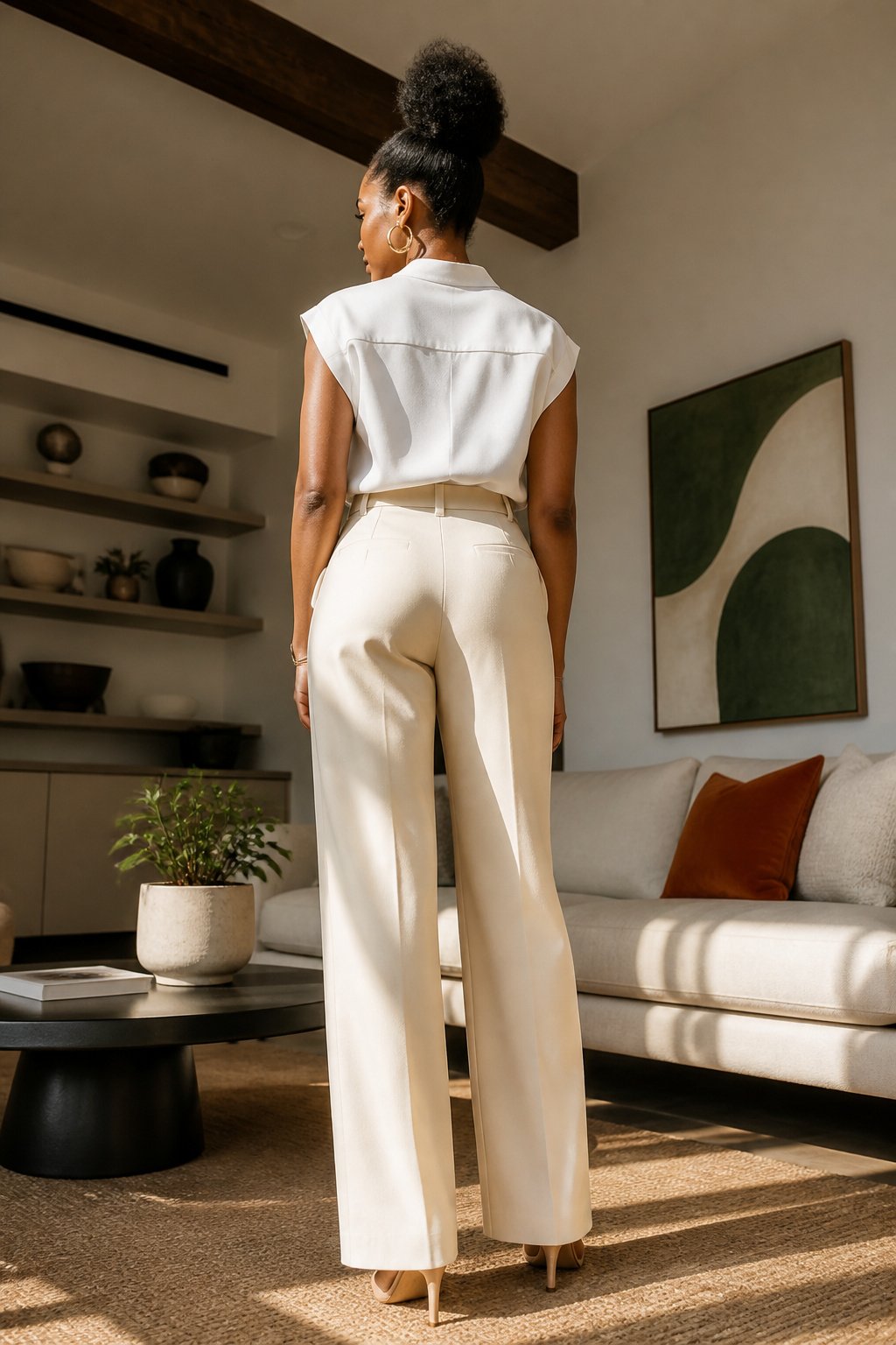 A high puff bun styled with slicked-back hair.