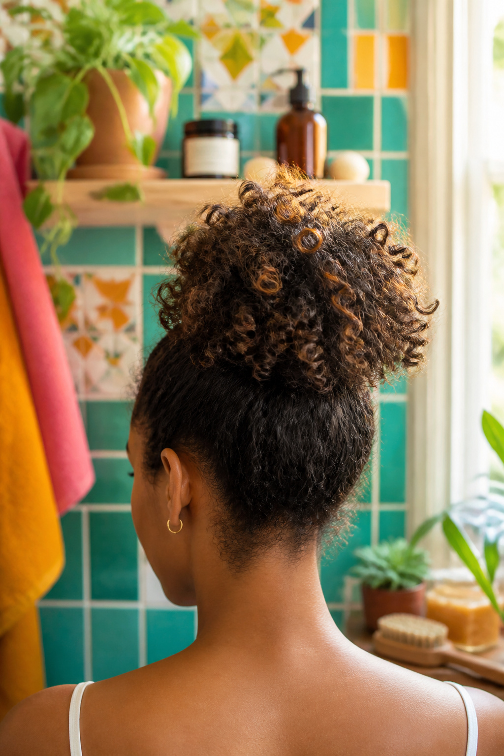 A high bun showcasing natural curls and coils.