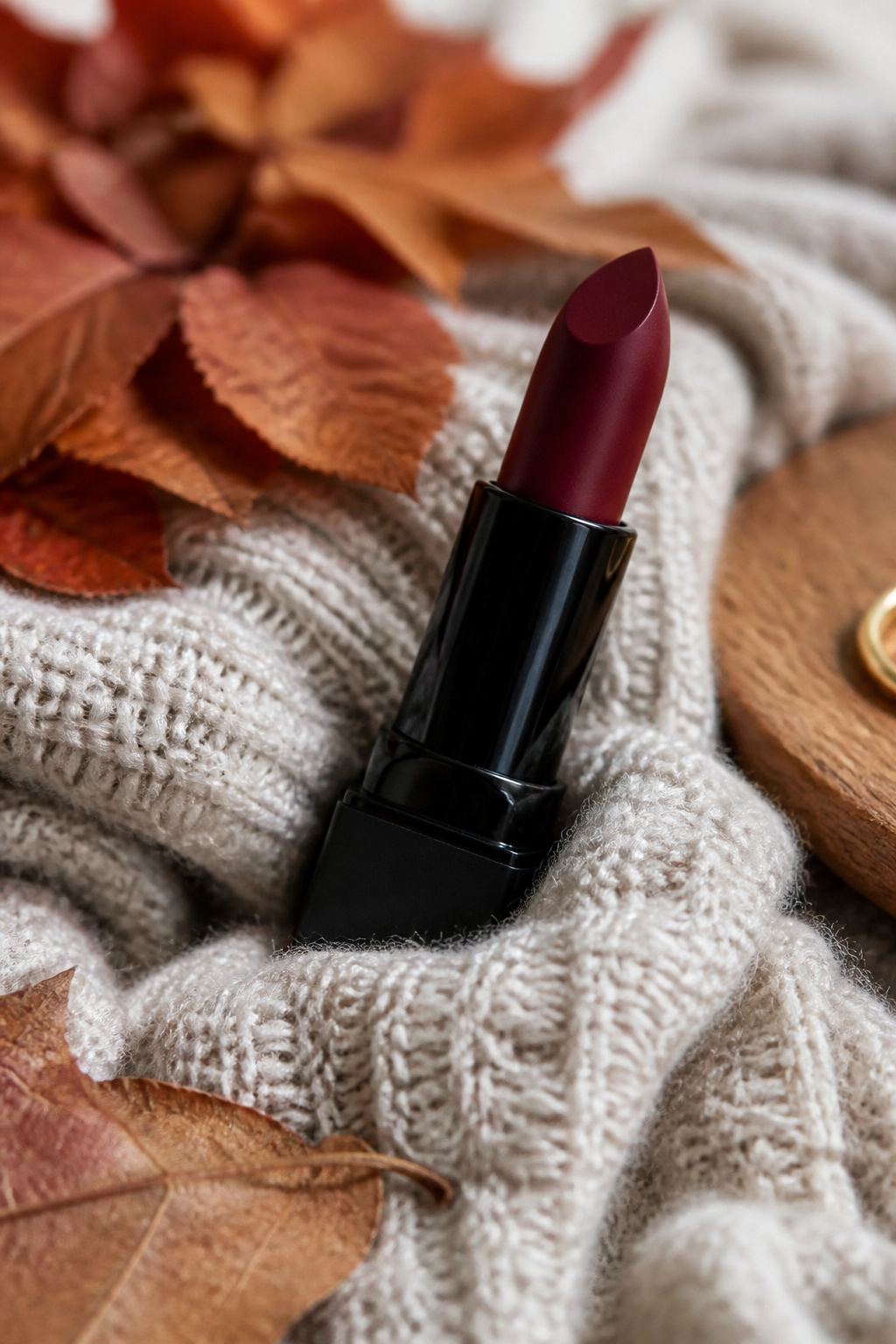 Close-up of deep berry lips against a backdrop of autumn leaves.