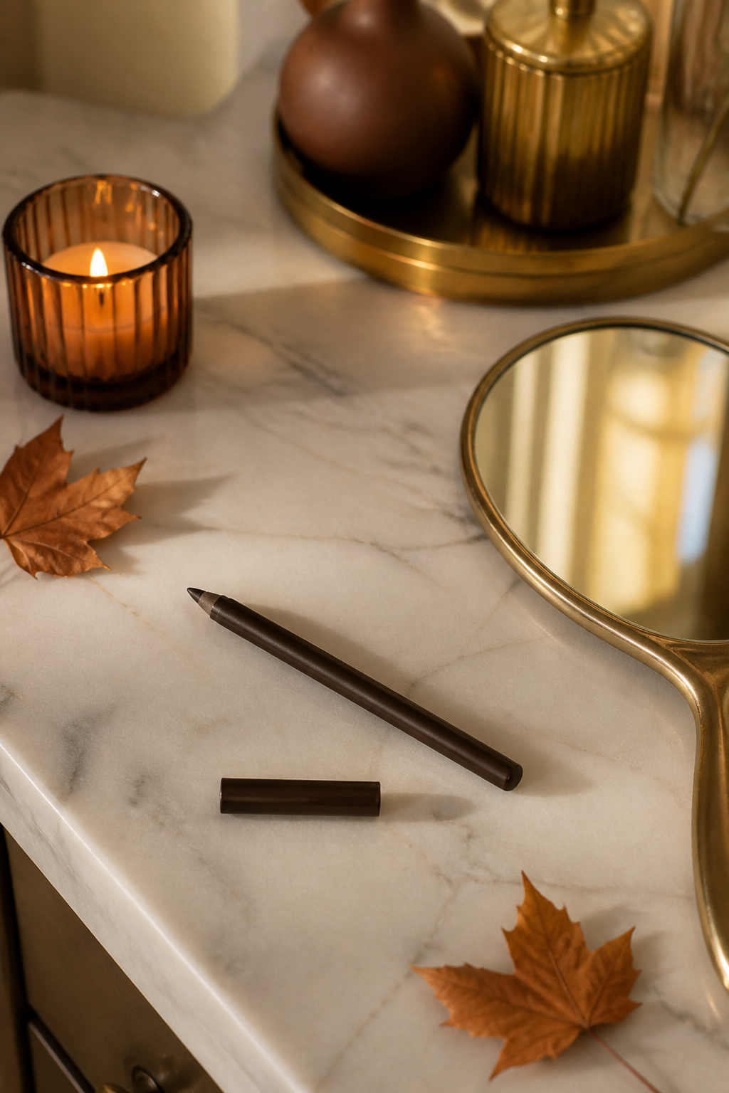Deep brown eyeliner pencil on a marble vanity with a mirror.