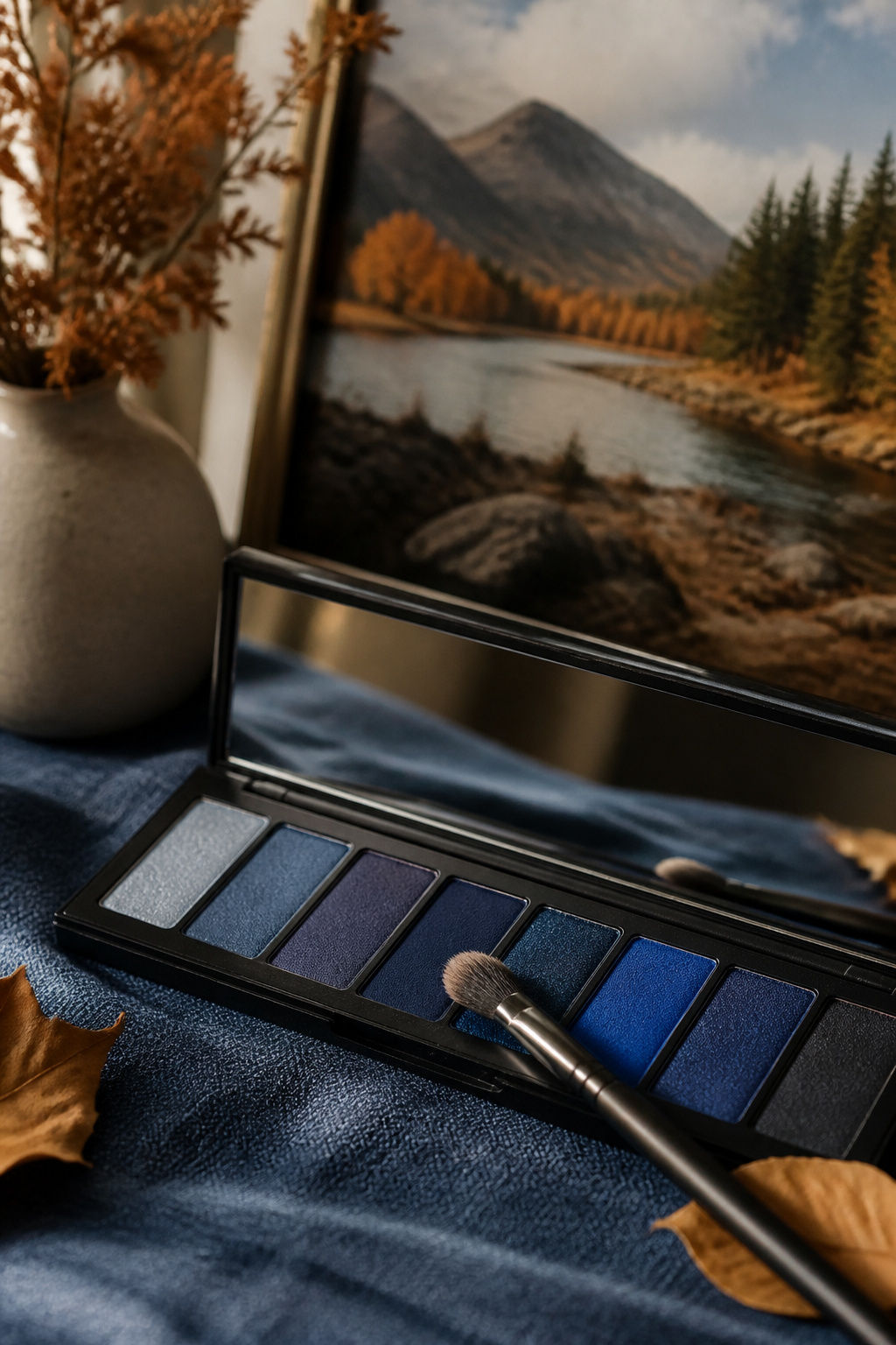Palette of deep blue eyeshadows arranged over a denim-like surface.