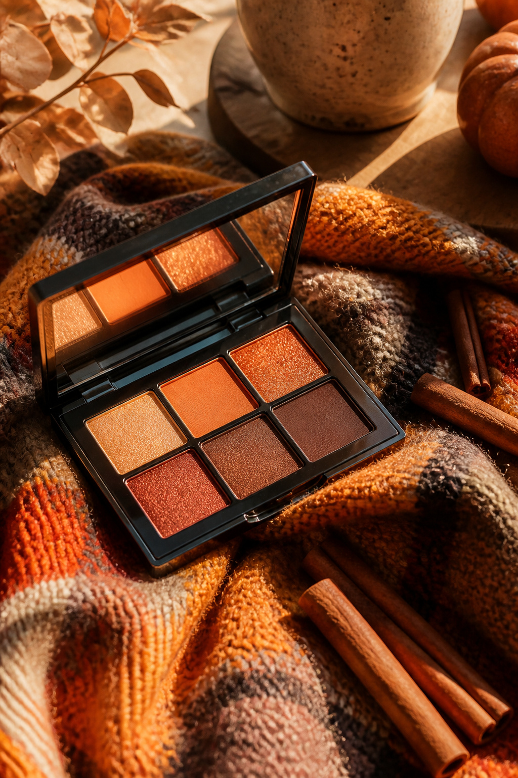Vibrant eyeshadow palette resting on an autumn scarf.