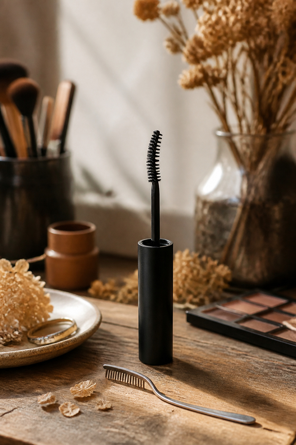Curved mascara wand and lash comb against a soft light backdrop.