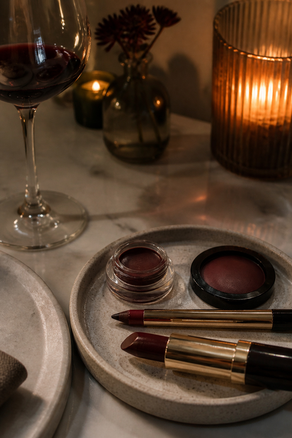 Array of deep burgundy makeup swatches on a concealed canvas.