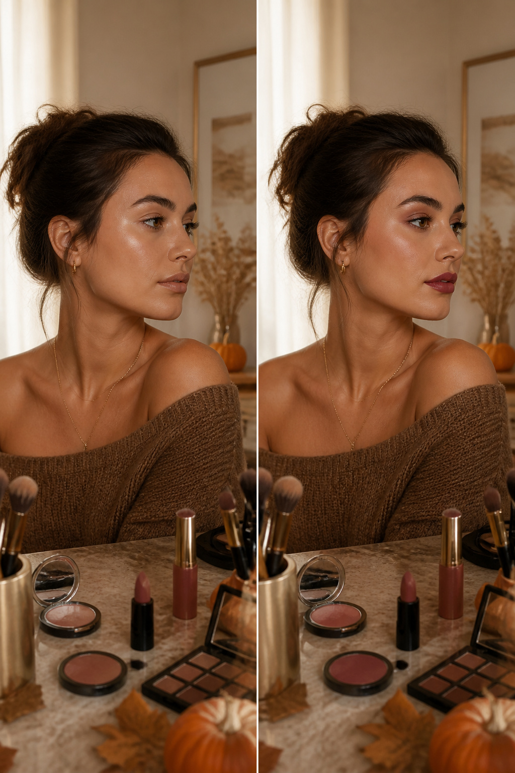 Image illustrating summer to fall makeup transition steps.