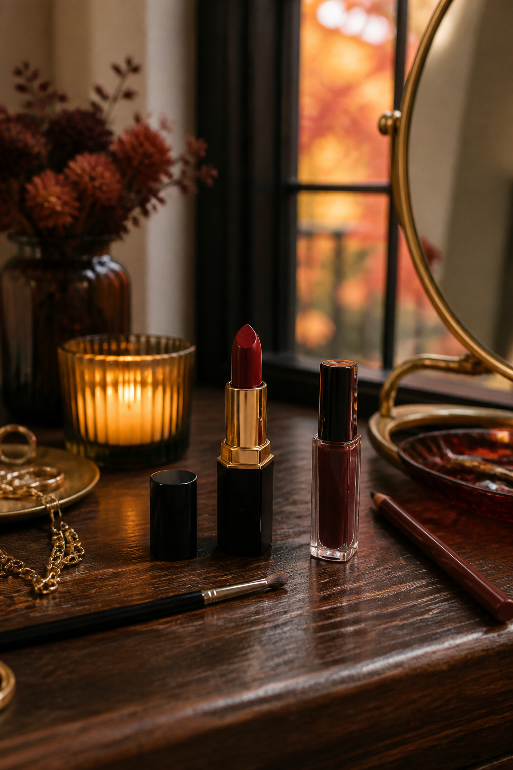 Deep red lipstick with a brown lip liner on a vanity.