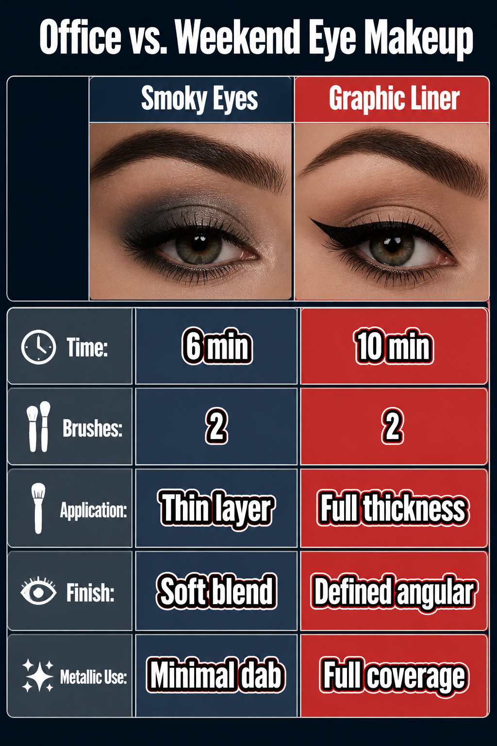 Image comparing office and weekend eye makeup styles.