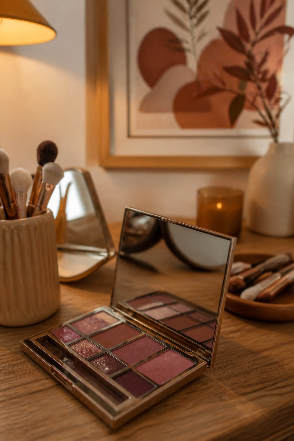 Close-up of soft smoky eyes blended with espresso and plum shadows.