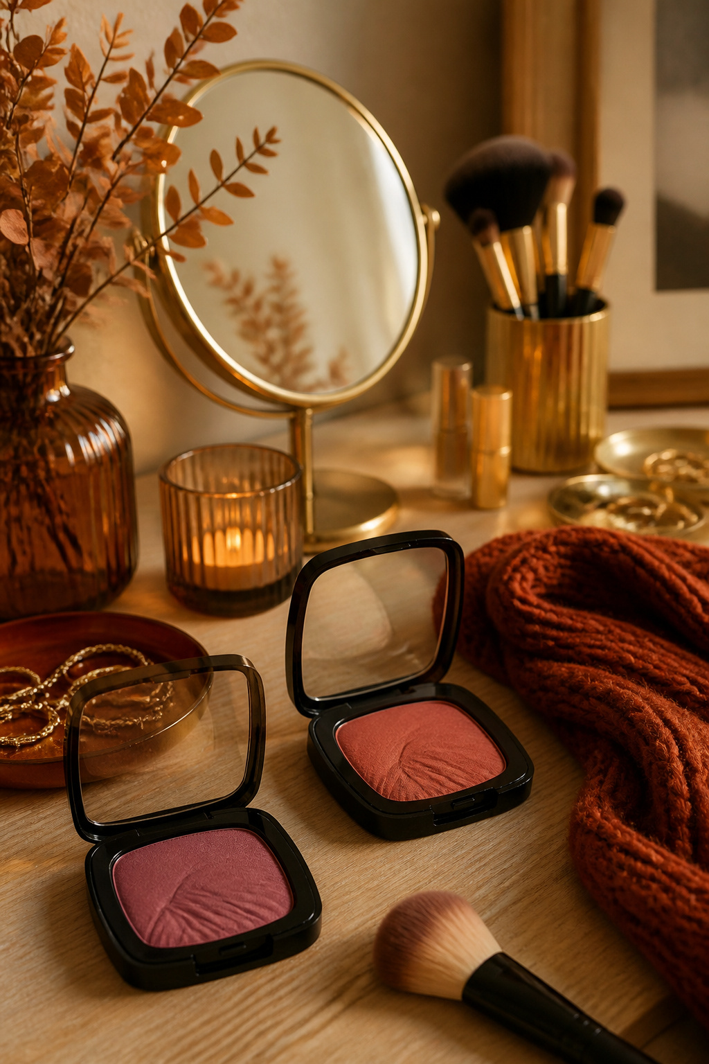 Muted dusty rose-mauve blush applied on cheeks.