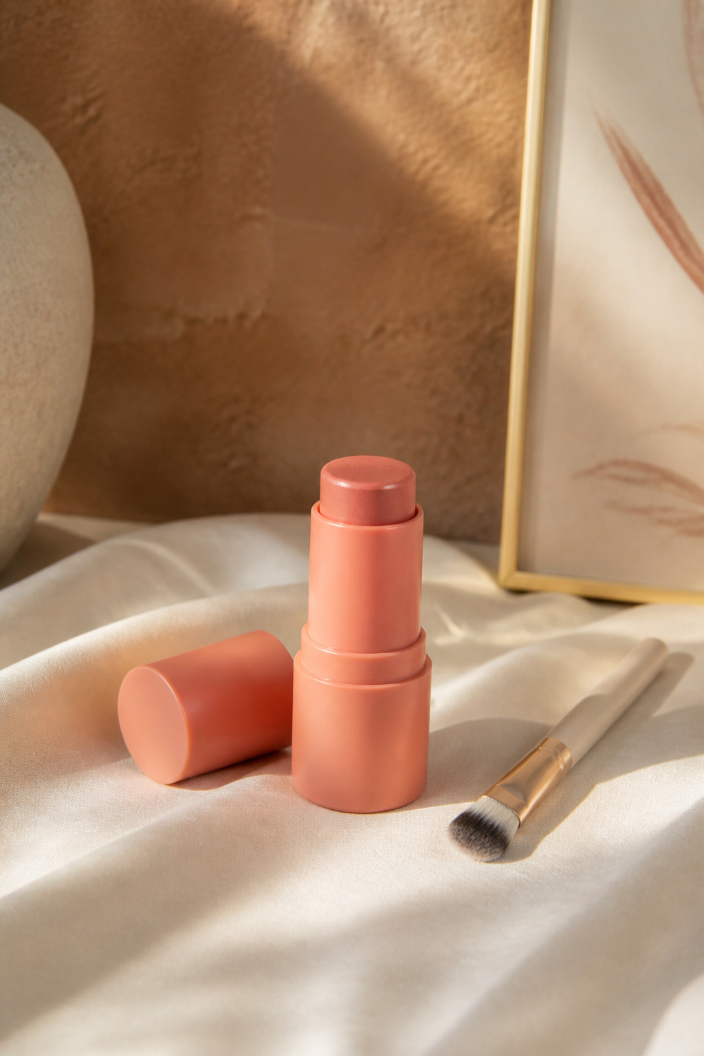 Peachy cream stick resting on a silken surface with matching makeup.