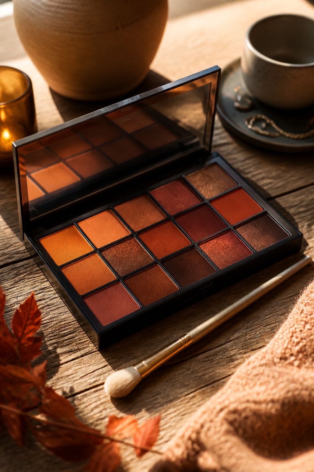 Palette of warm orange and rust eyeshadows arranged on a wooden table.