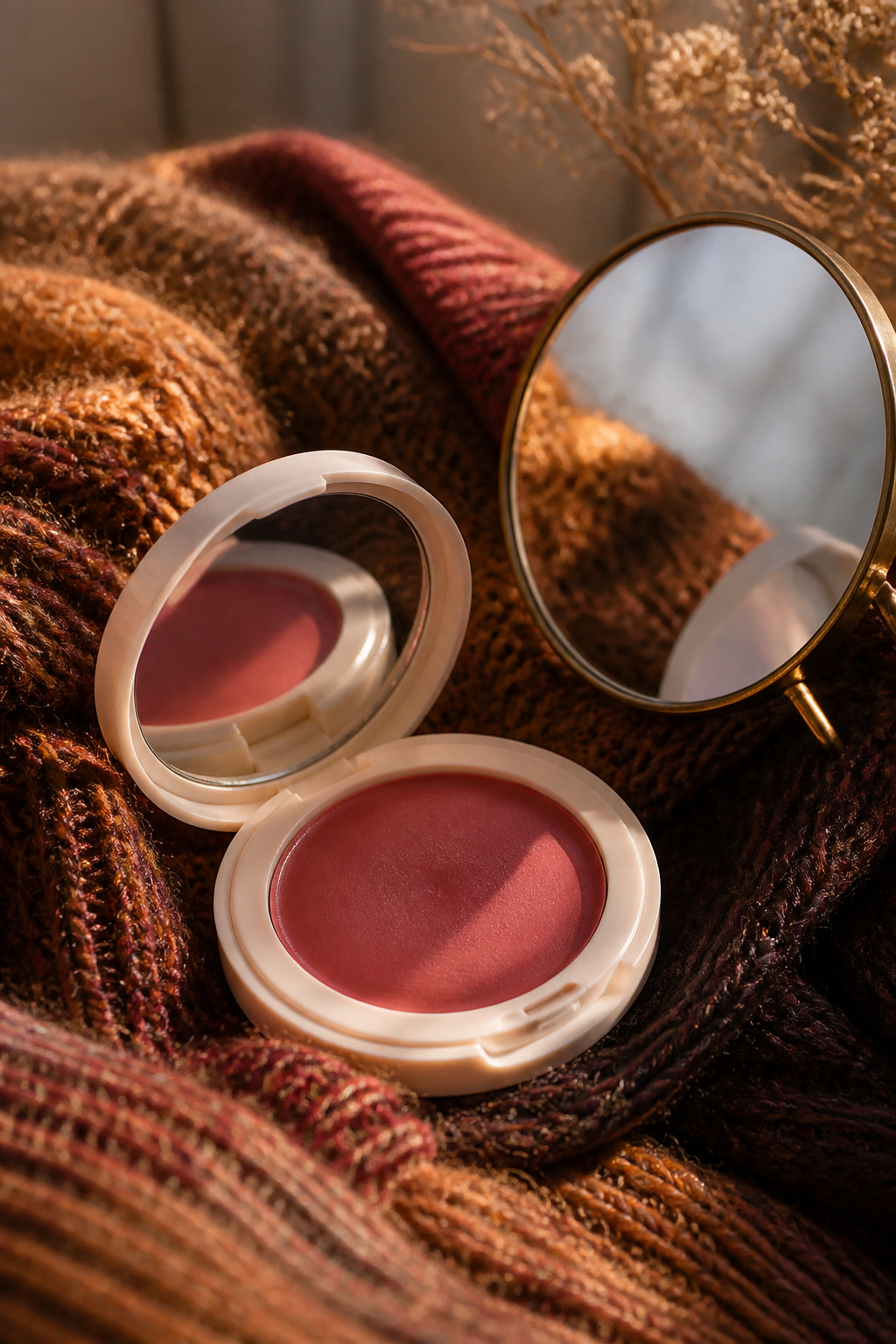 Cream blush displayed against a textured warm-toned background.