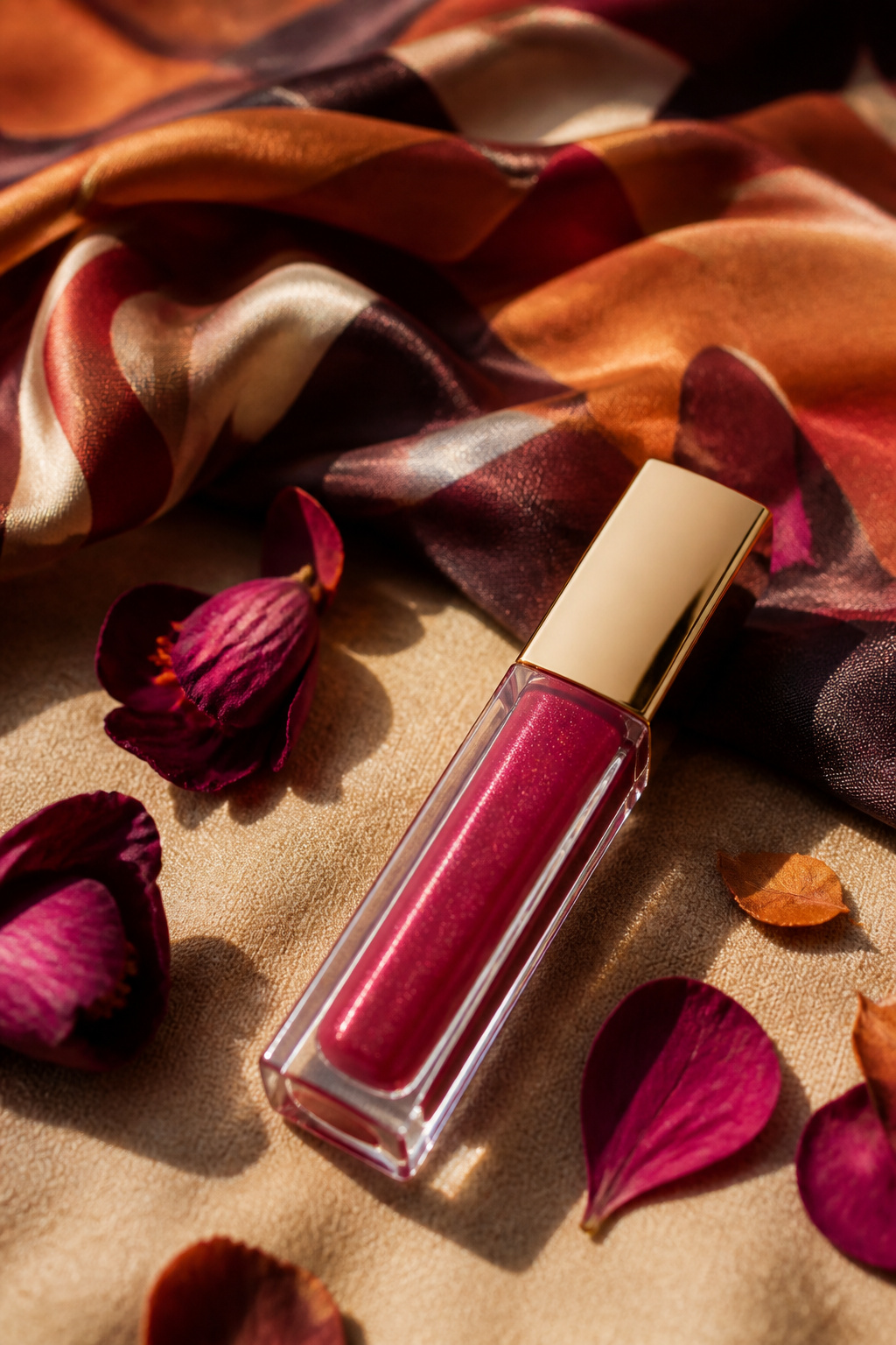 Vibrant jelly lip gloss against muted fabric and jewel-toned petals.