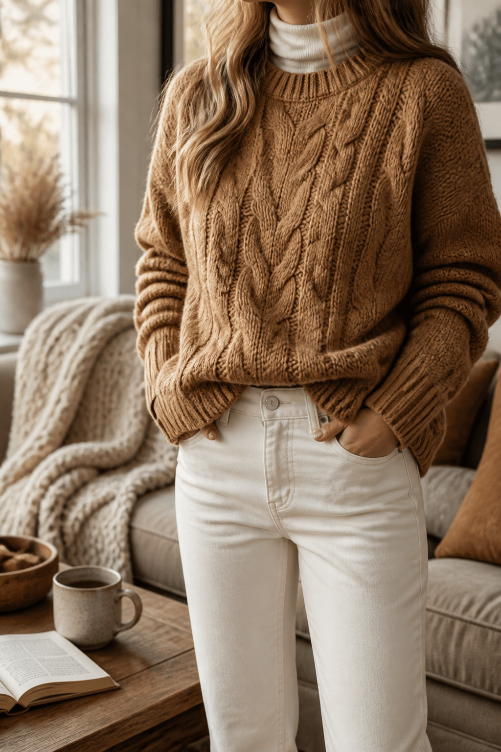 A close-up of a cable-knit pullover sweater in a warm tone.