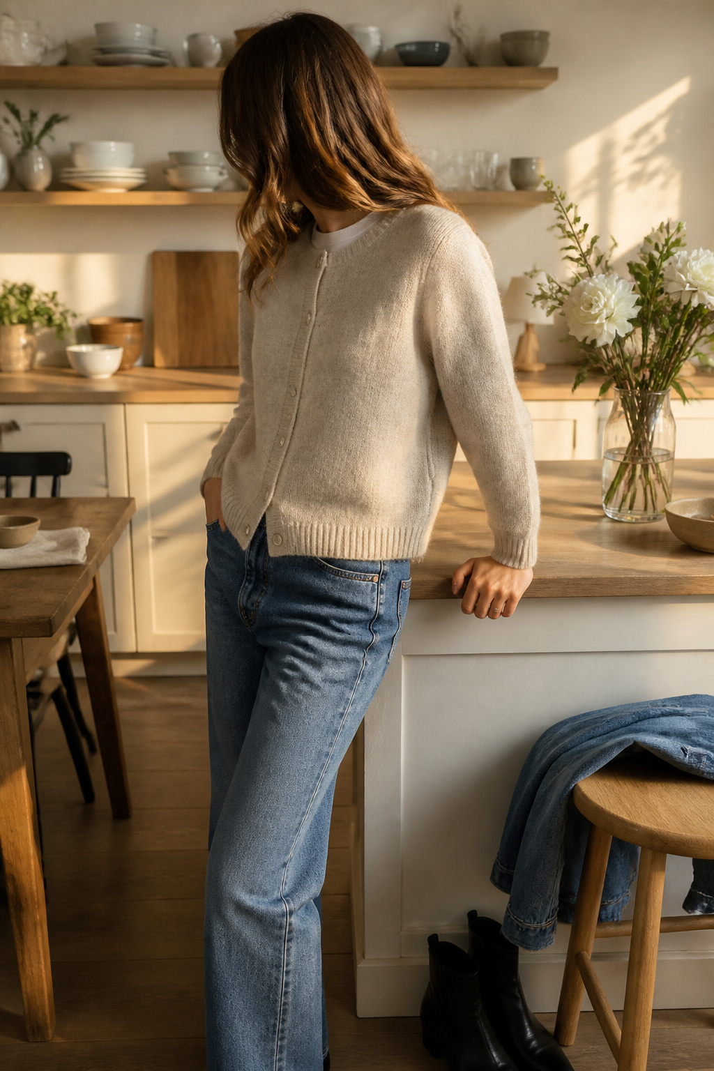 A classic cardigan in oatmeal color over a white t-shirt.