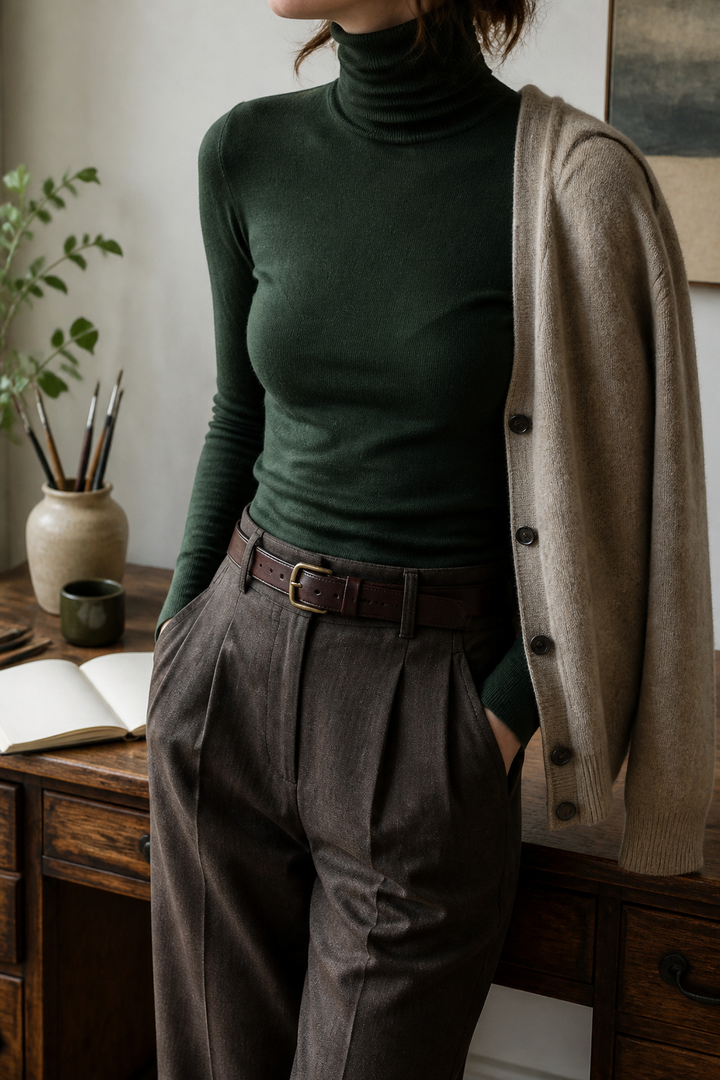 A thin turtleneck sweater in forest green against a woven backdrop.