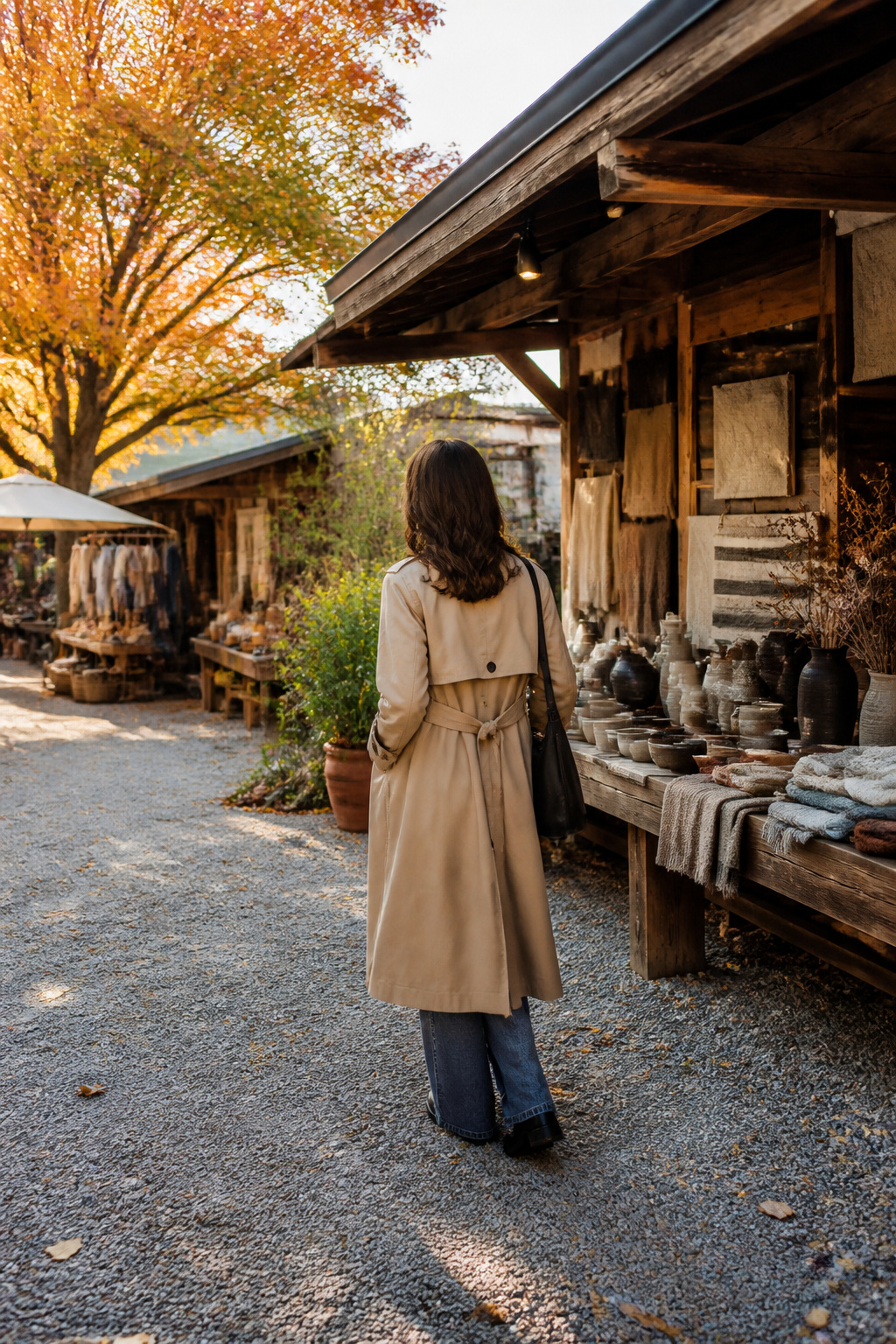 A trench coat worn over a casual outfit with jeans.