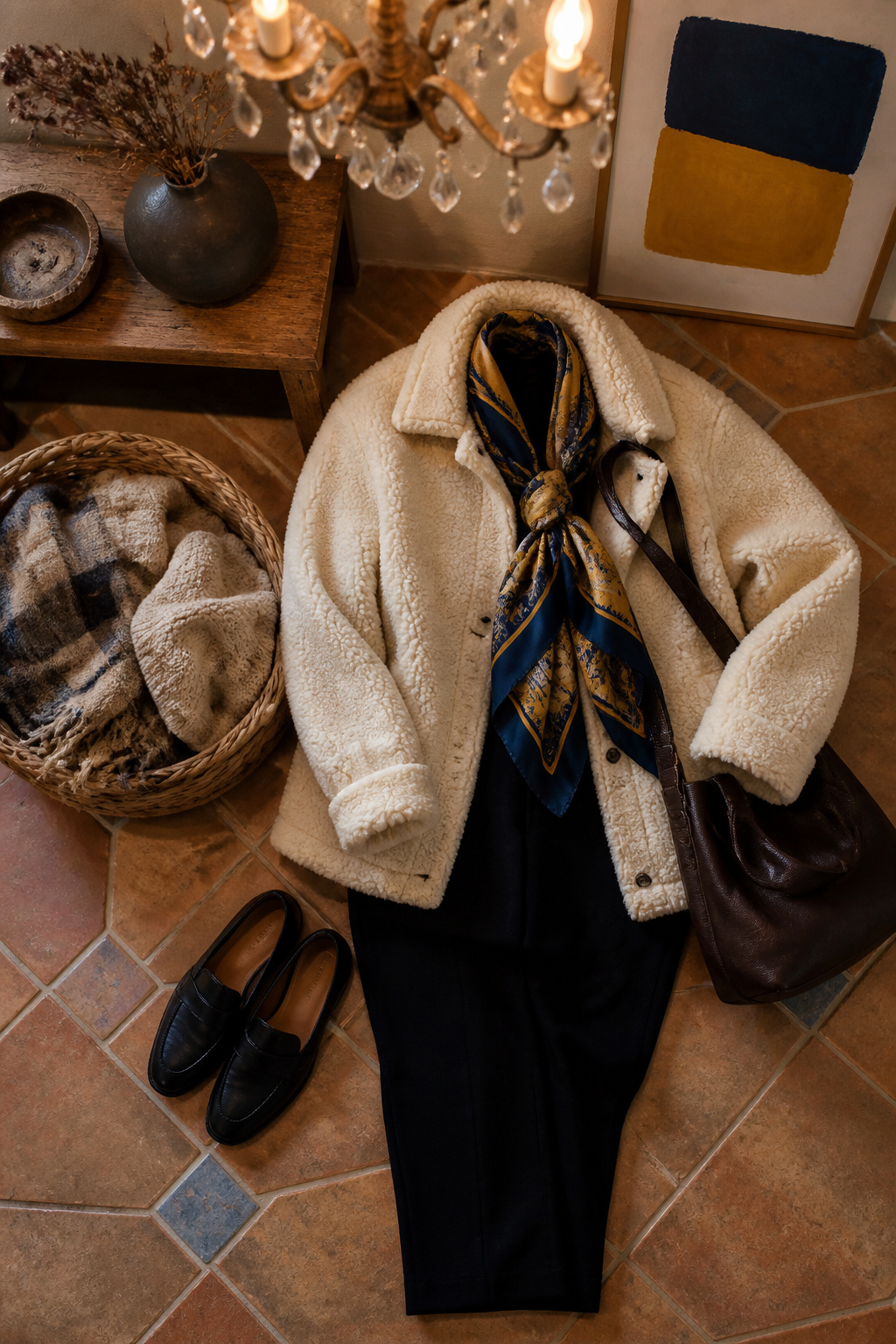 A silk scarf tied around the neck with a sherpa jacket.