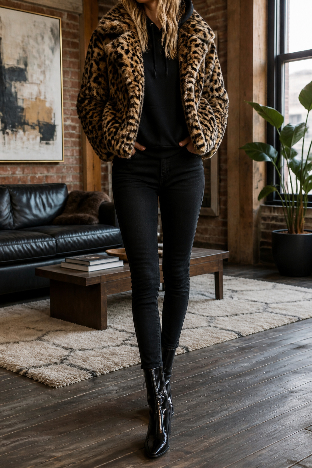 Leopard-print faux fur coat over black skinny jeans and ankle boots.