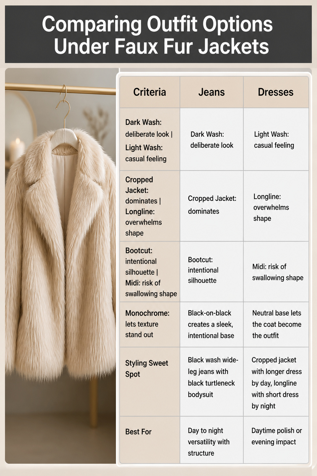 Jeans paired with a faux fur jacket, showing different washes.