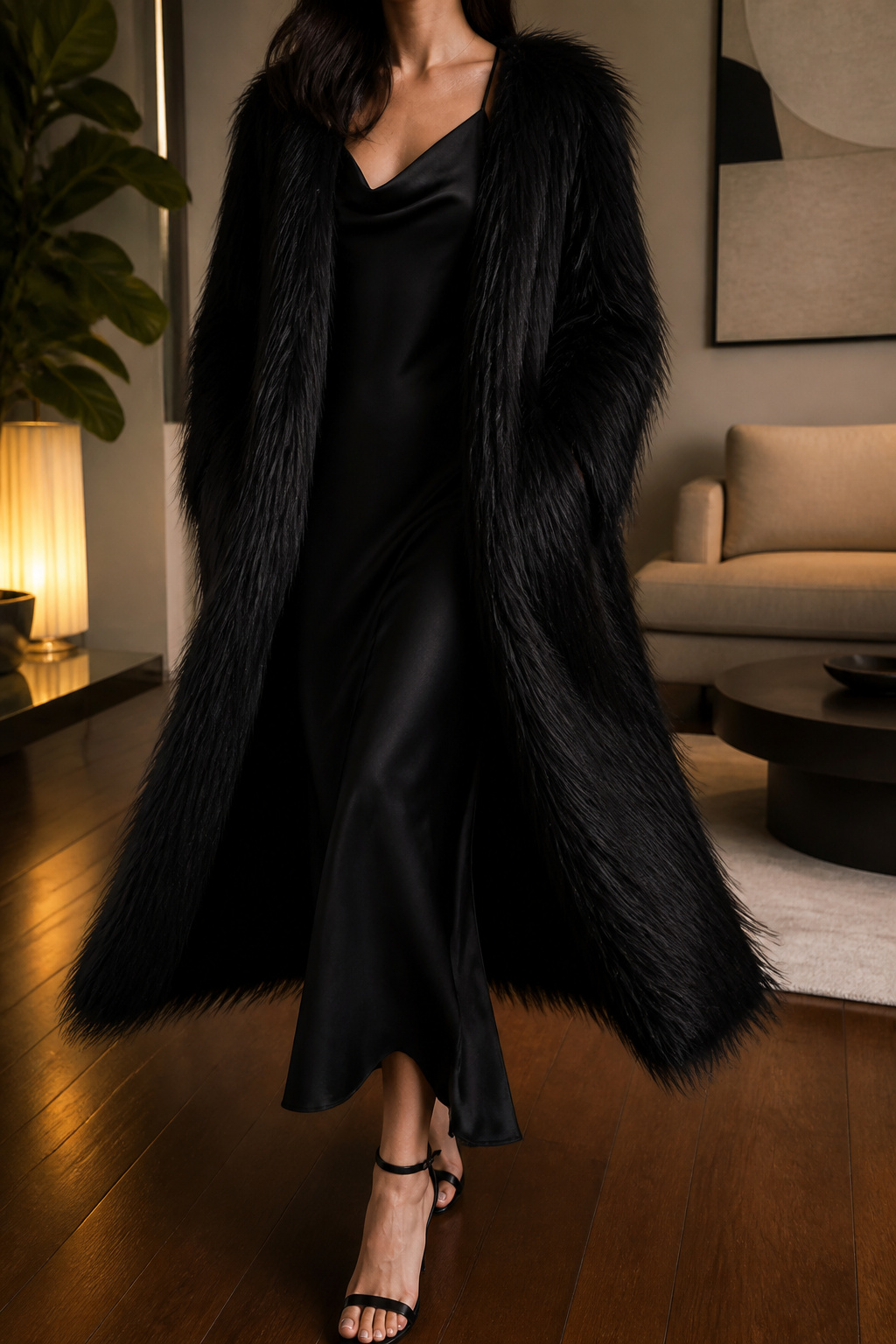 Long hair faux fur coat with a black slip dress underneath.