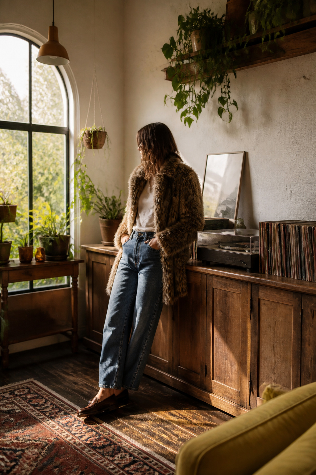 Shaggy faux fur coat worn with vintage denim and platform boots.