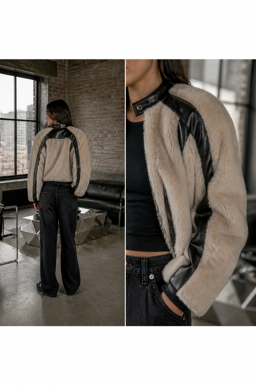 Faux fur jacket featuring leather accents over baggy pants.