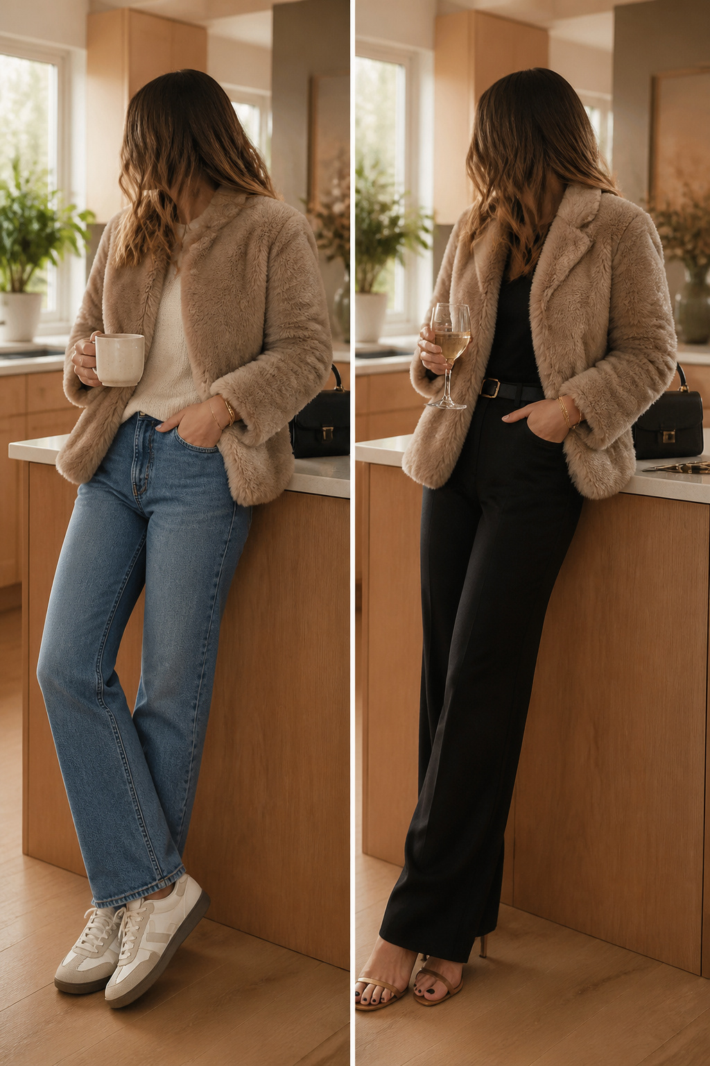 Daytime outfit with denim and a faux fur coat.