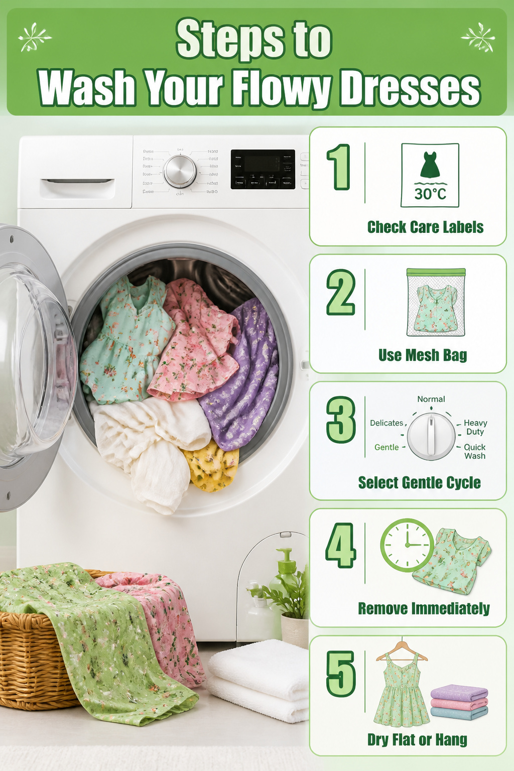 A chart illustrating washing instructions for flowy dresses.
