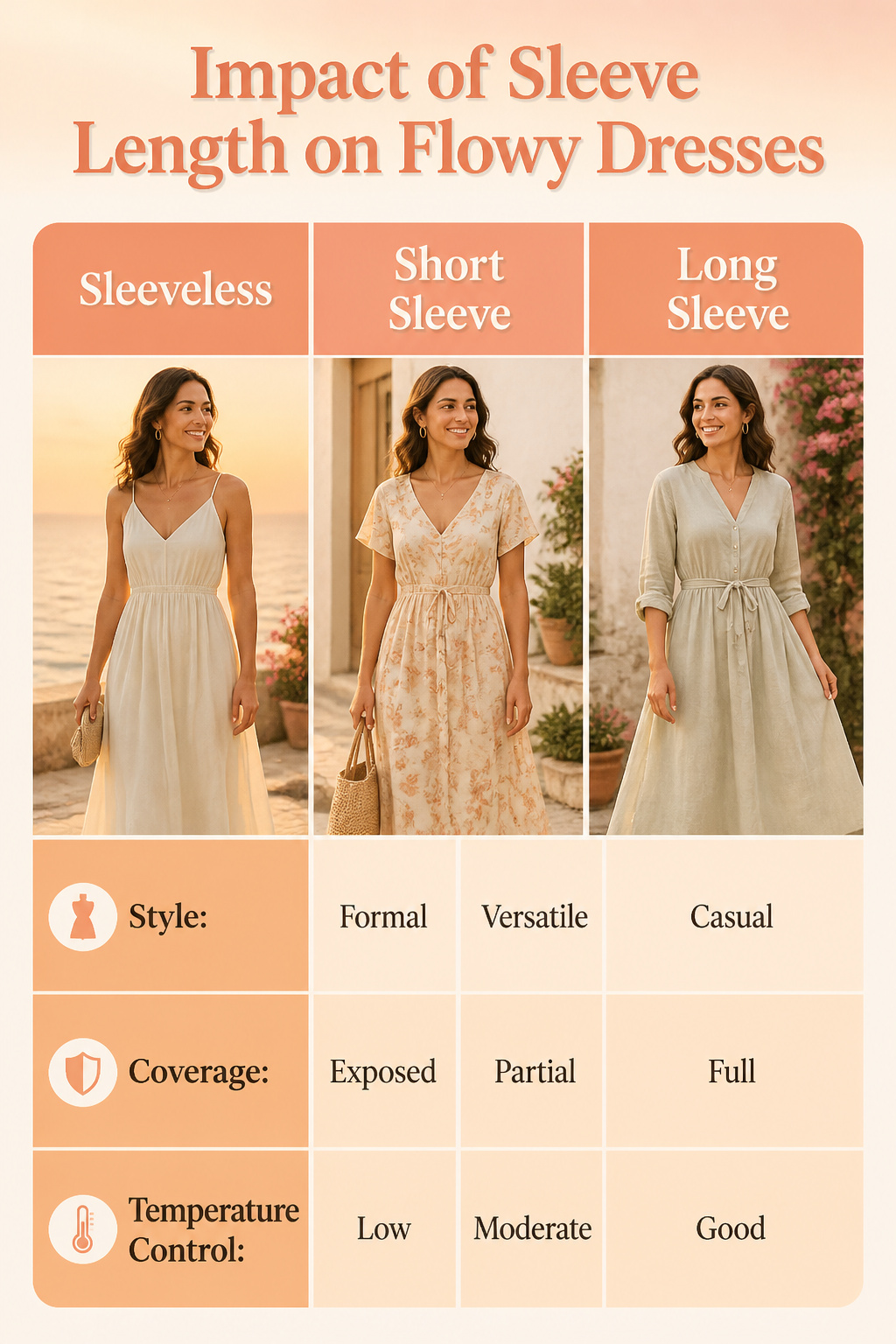 A chart demonstrating the impact of sleeve length on flowy dresses.