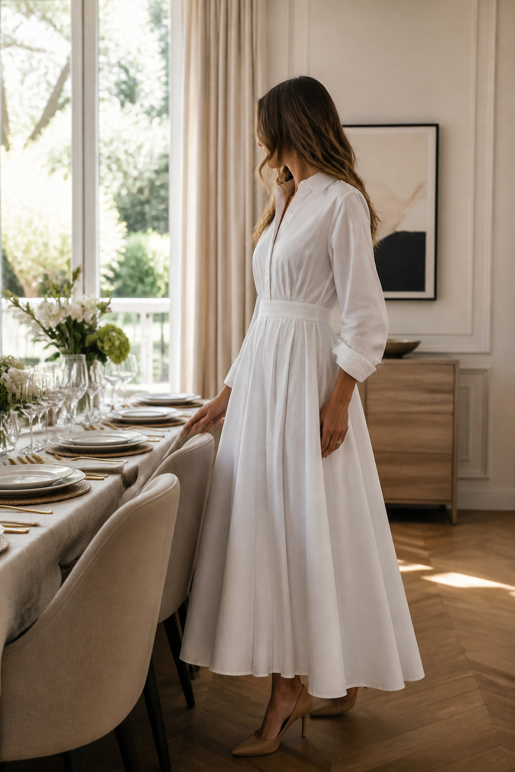 A white shirtdress with a button placket set beside an elegantly arranged table.
