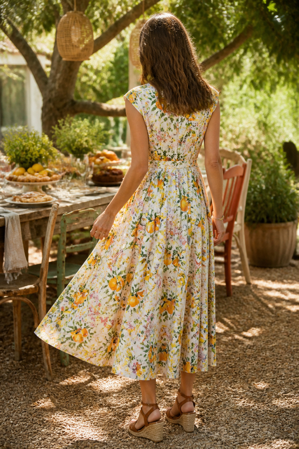 A colorful fit and flare dress displayed at a rustic garden event.