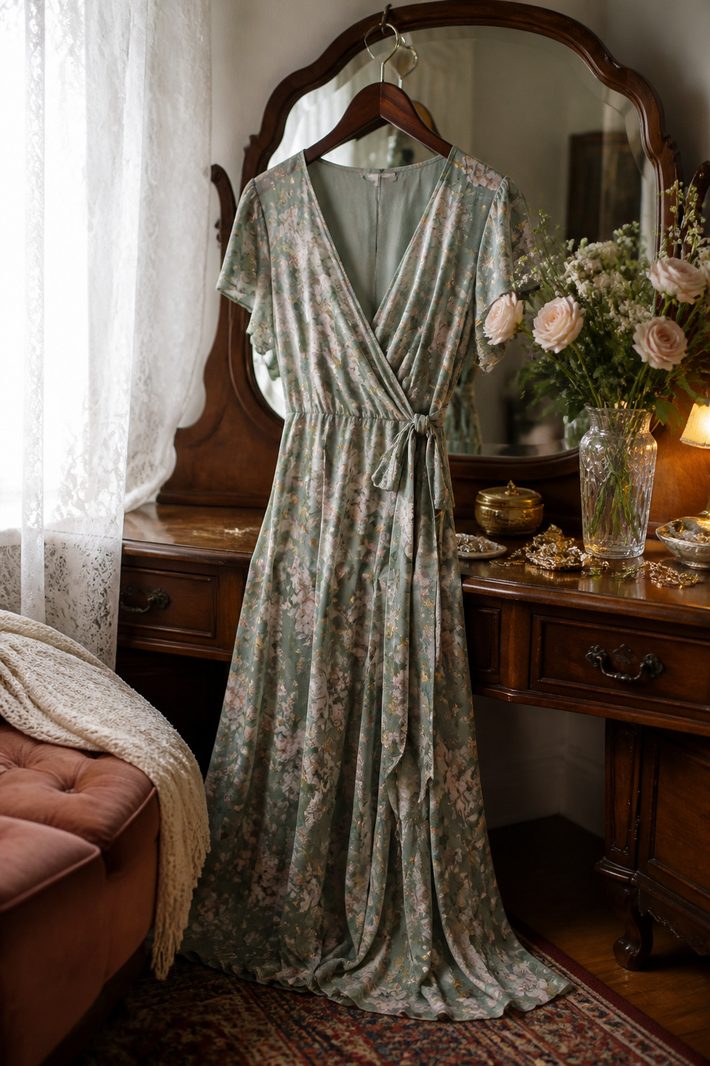 A wrap dress with a deep V-neck in front of an antique vanity.