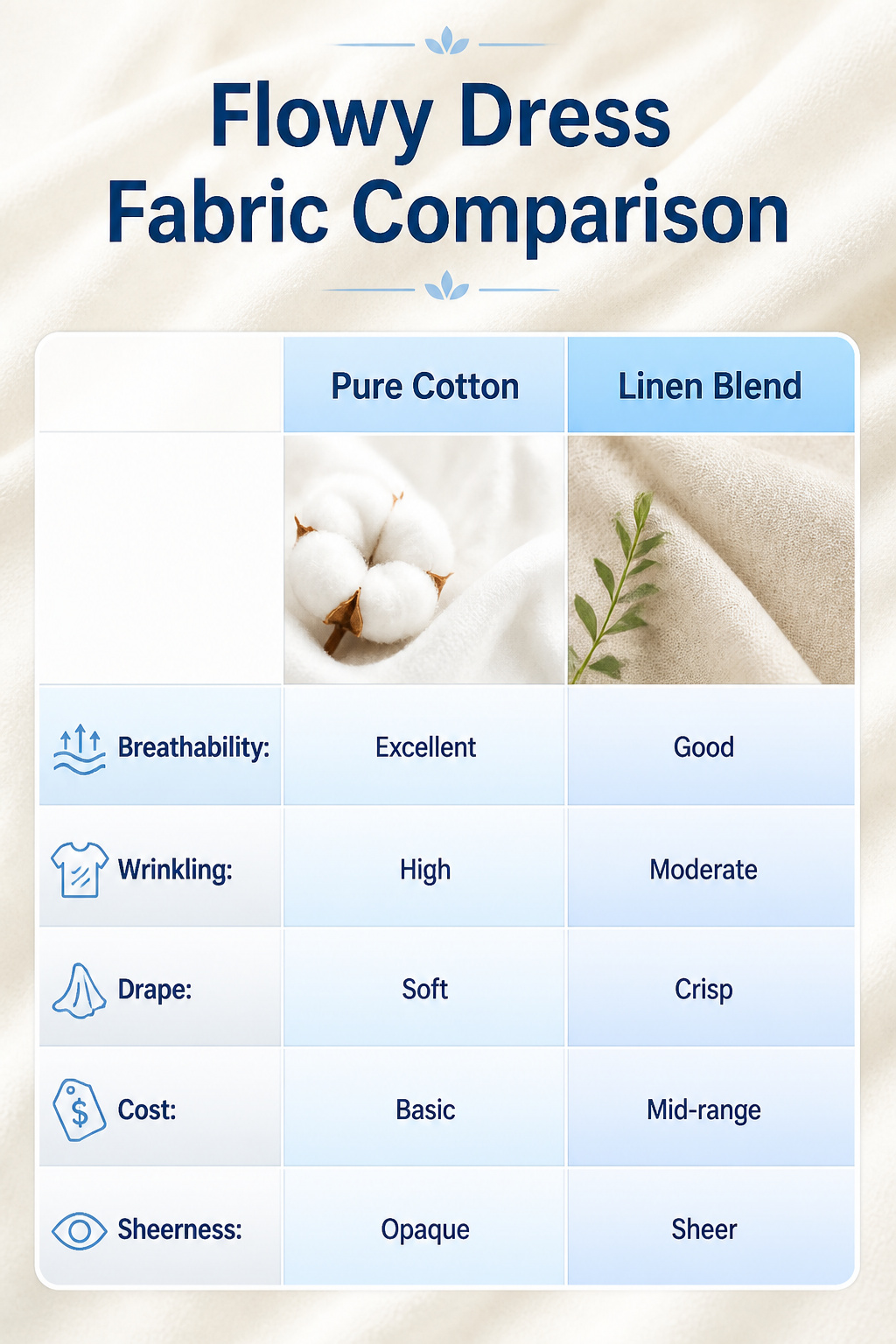 A chart detailing various fabrics used for flowy dresses.