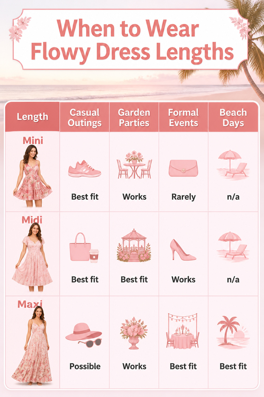 A chart showing flowy dress lengths and suitable occasions.